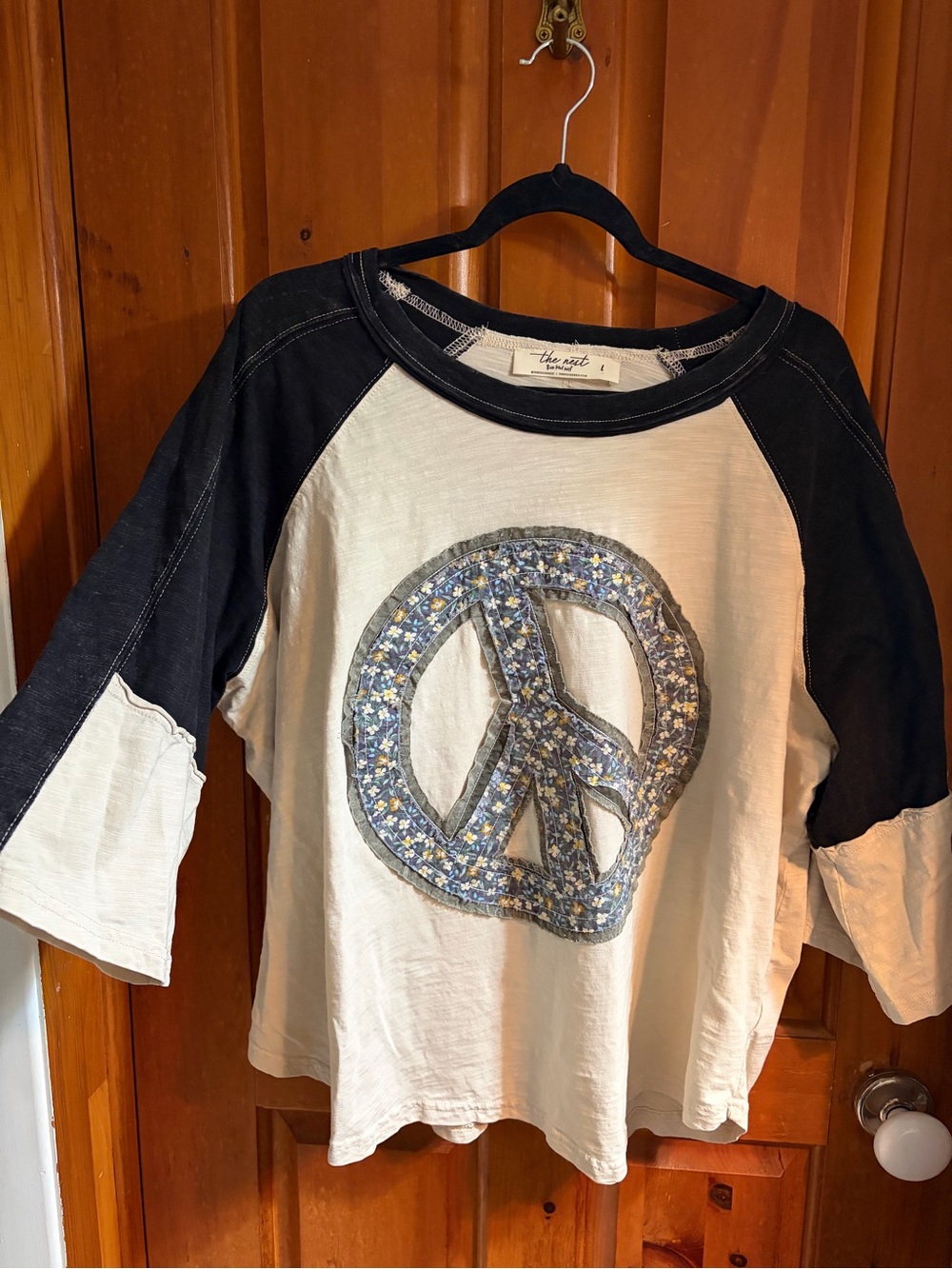 Three Bird Nest Cream and Black Raglan Long Sleeve Top with Peace Sign